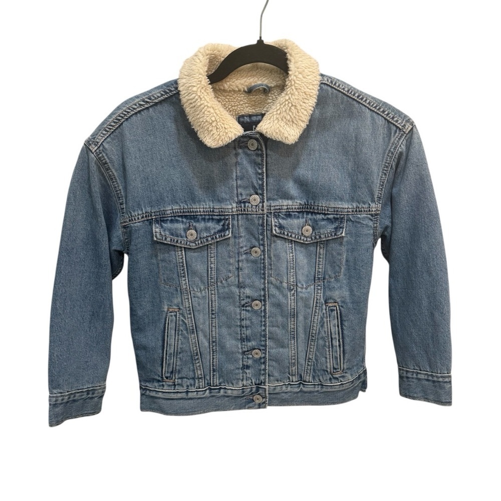 GAP Sherpa Lined Denim Jacket Medium Wash Gap Teen Size 8 Trucker Western Warm